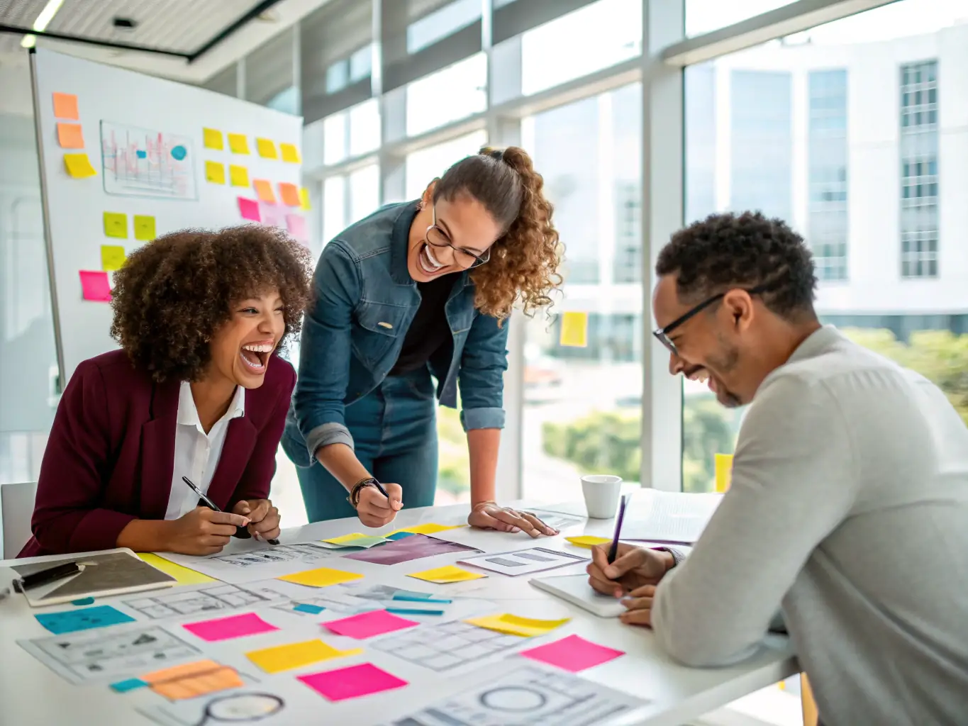 A team brainstorming lead generation ideas in a modern office setting, with sticky notes and whiteboards filled with strategies.