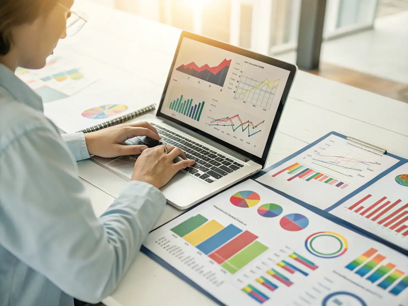 A consultant reviewing lead generation data on a laptop, with charts and graphs illustrating successful outreach campaigns.