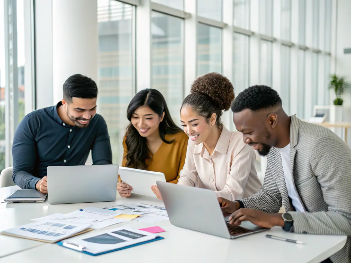 A diverse team of professionals working remotely with laptops, symbolizing global reach and efficiency in offshore lead generation for Lead Made Easy.