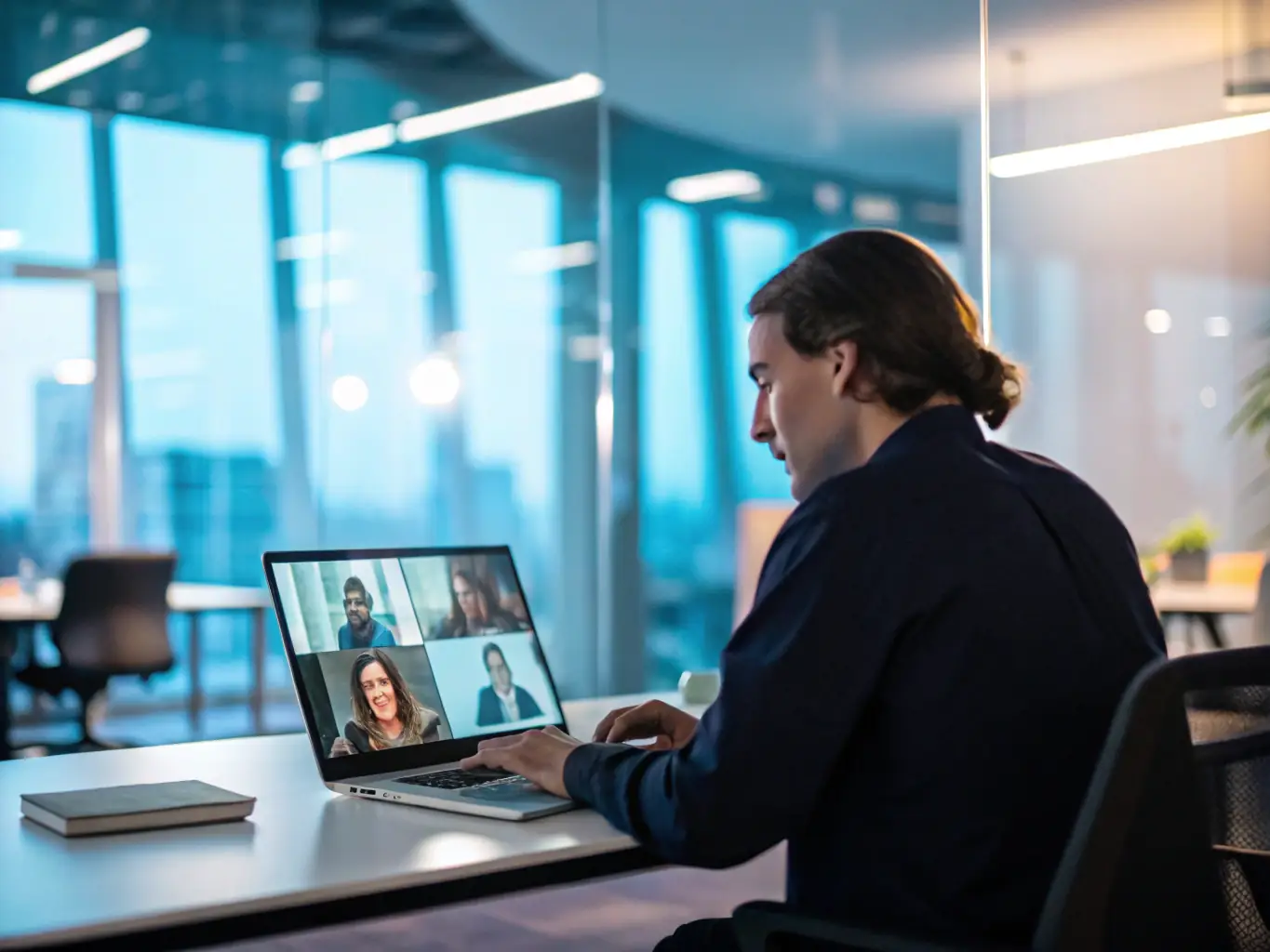 A professional scene showing a sales representative engaging with a prospect via video call and email notifications, representing B2B appointment setting for Lead Made Easy.