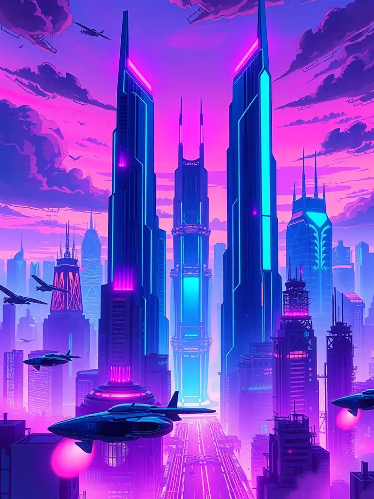 A futuristic cityscape with data streams flowing, representing AI algorithms identifying ideal B2B leads for a marketing company.