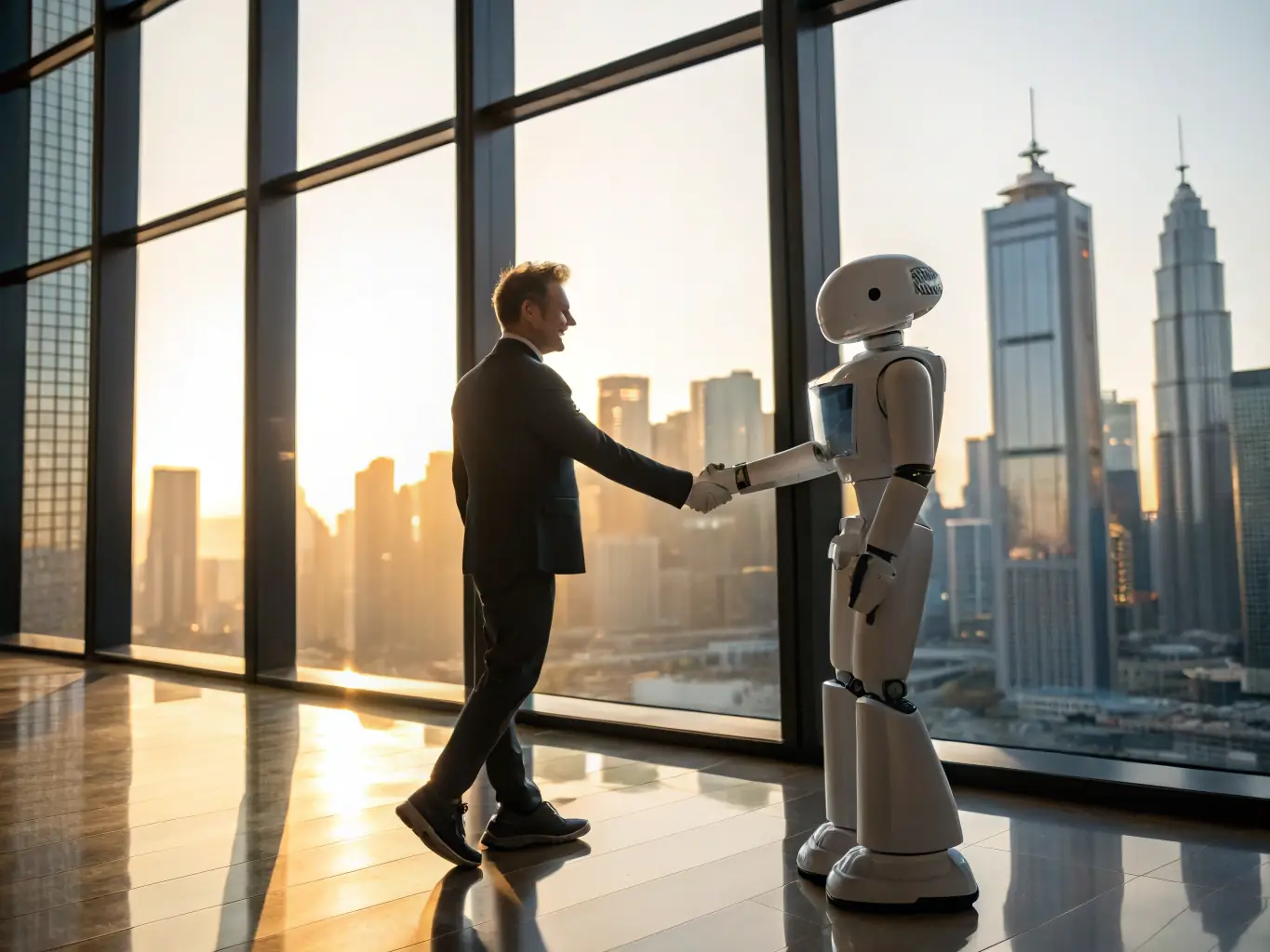 A digital illustration of a person shaking hands with a robot, symbolizing personalized engagement and AI-driven communication in lead generation.