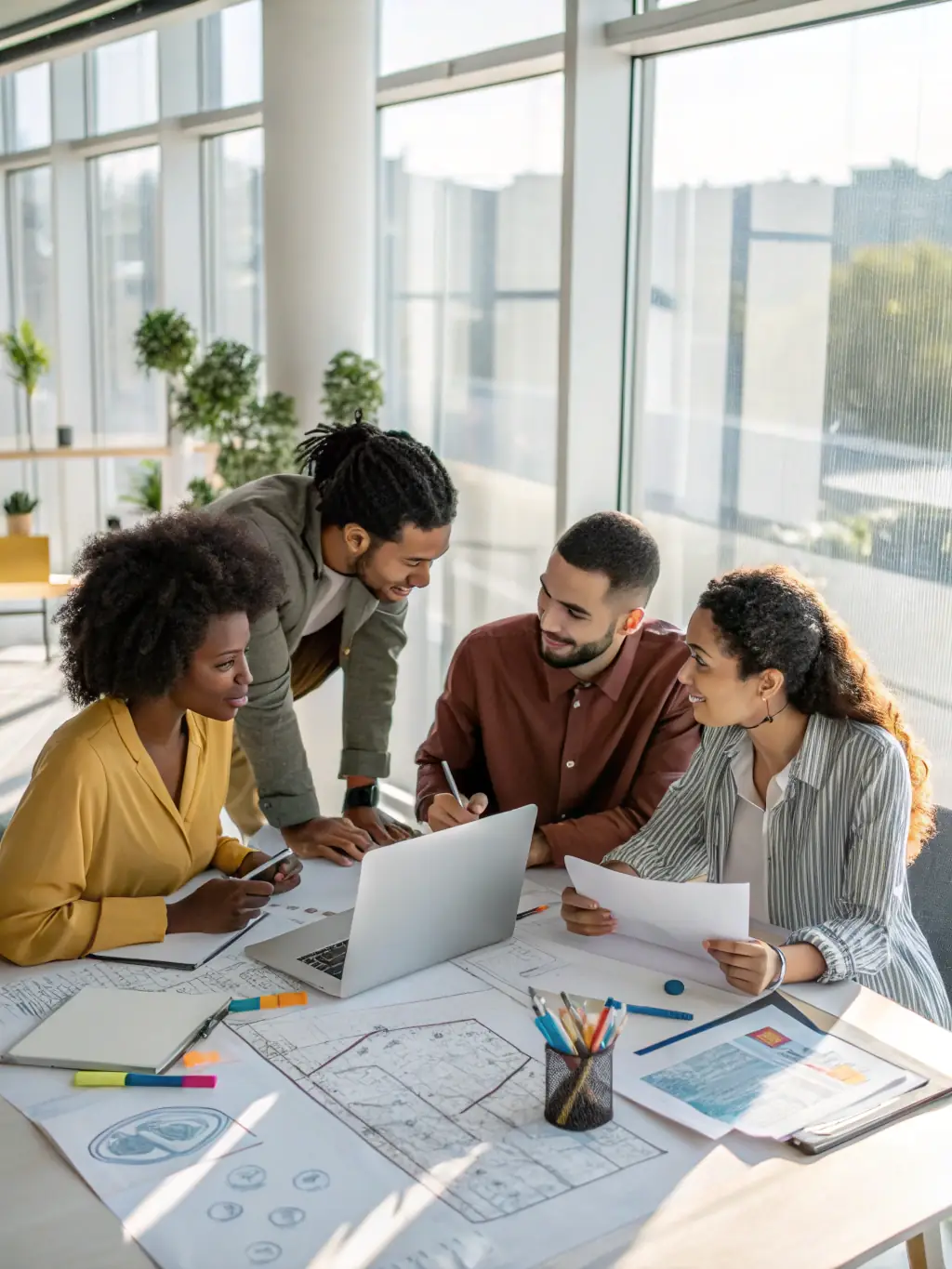 A diverse team collaborating in a modern office, representing offshore lead generation for a marketing company.