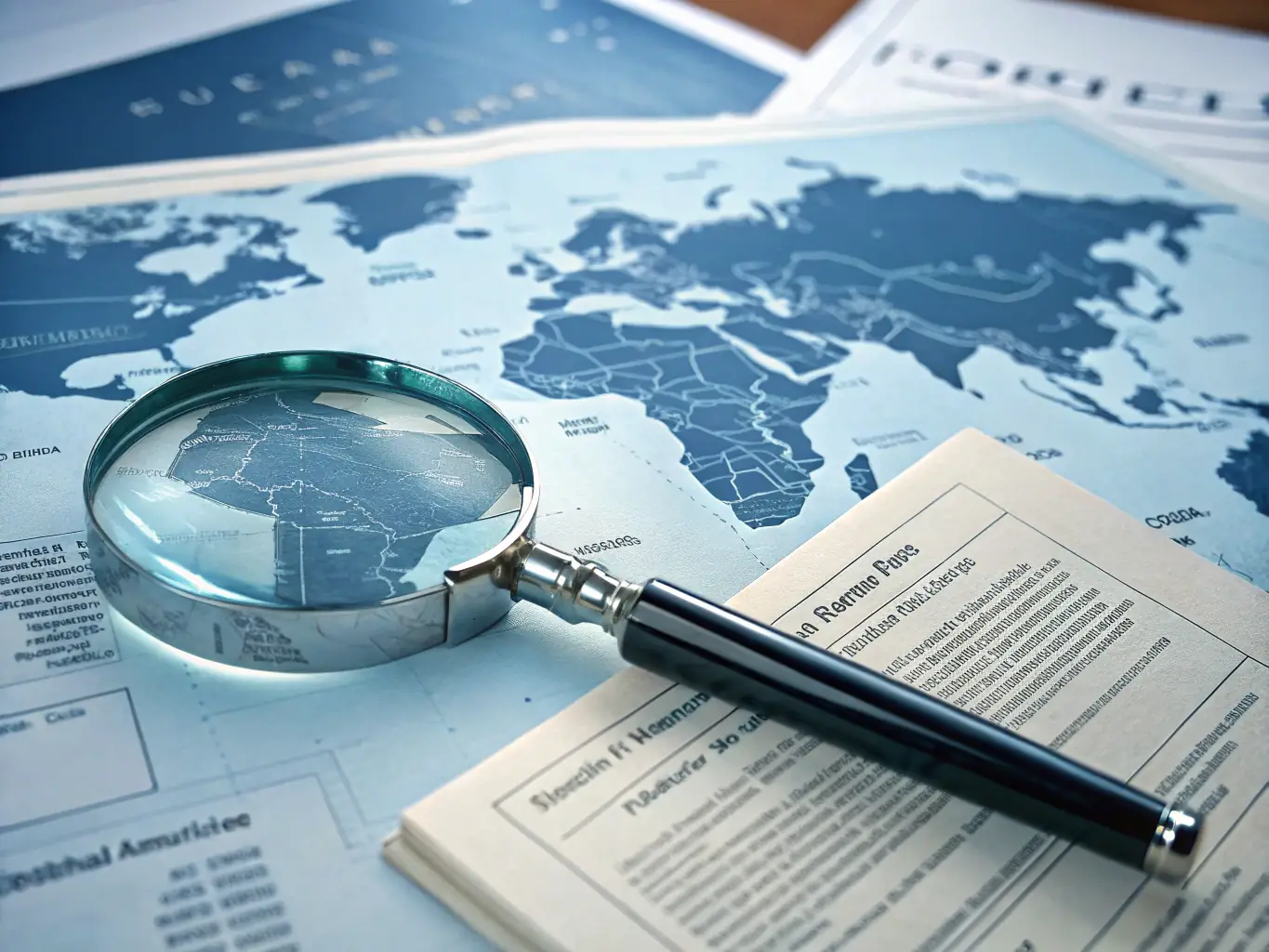A digital illustration depicting a magnifying glass over a world map, symbolizing strategic research and global reach in lead generation.