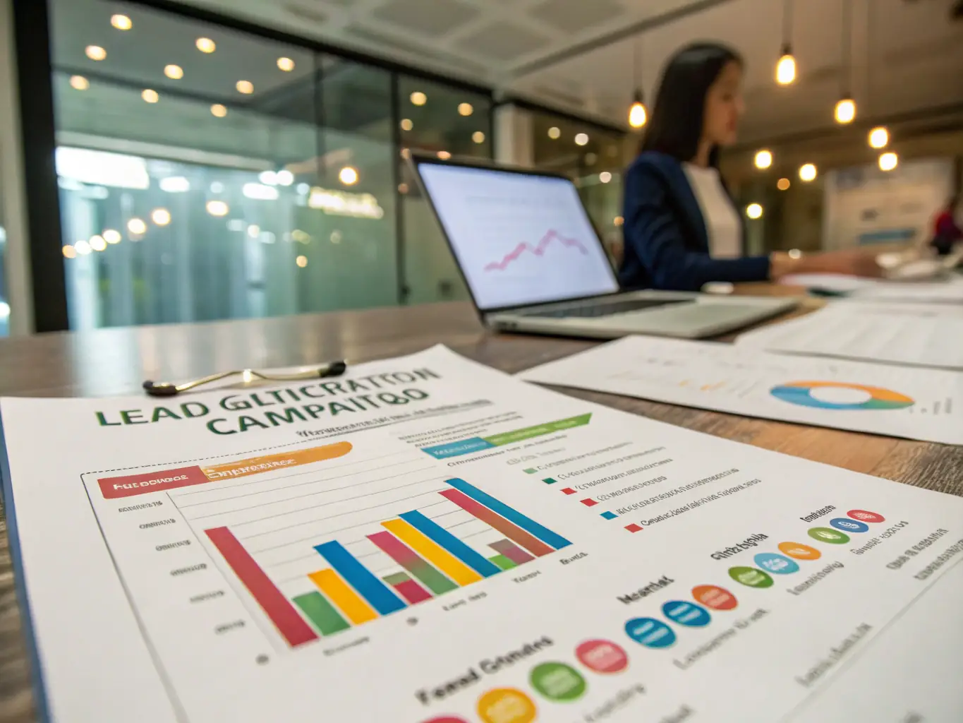 A detailed report showing lead generation metrics, conversion rates, and ROI, presented in a clear and visually appealing format.