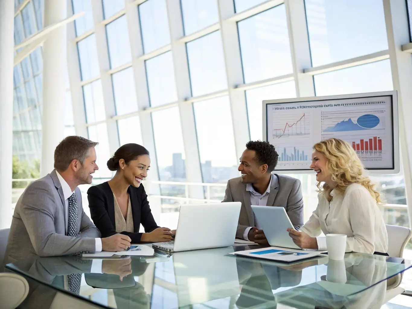 A professional SDR team is strategizing and planning a multi-channel outreach campaign in a modern office setting, emphasizing collaboration and data-driven decision-making.