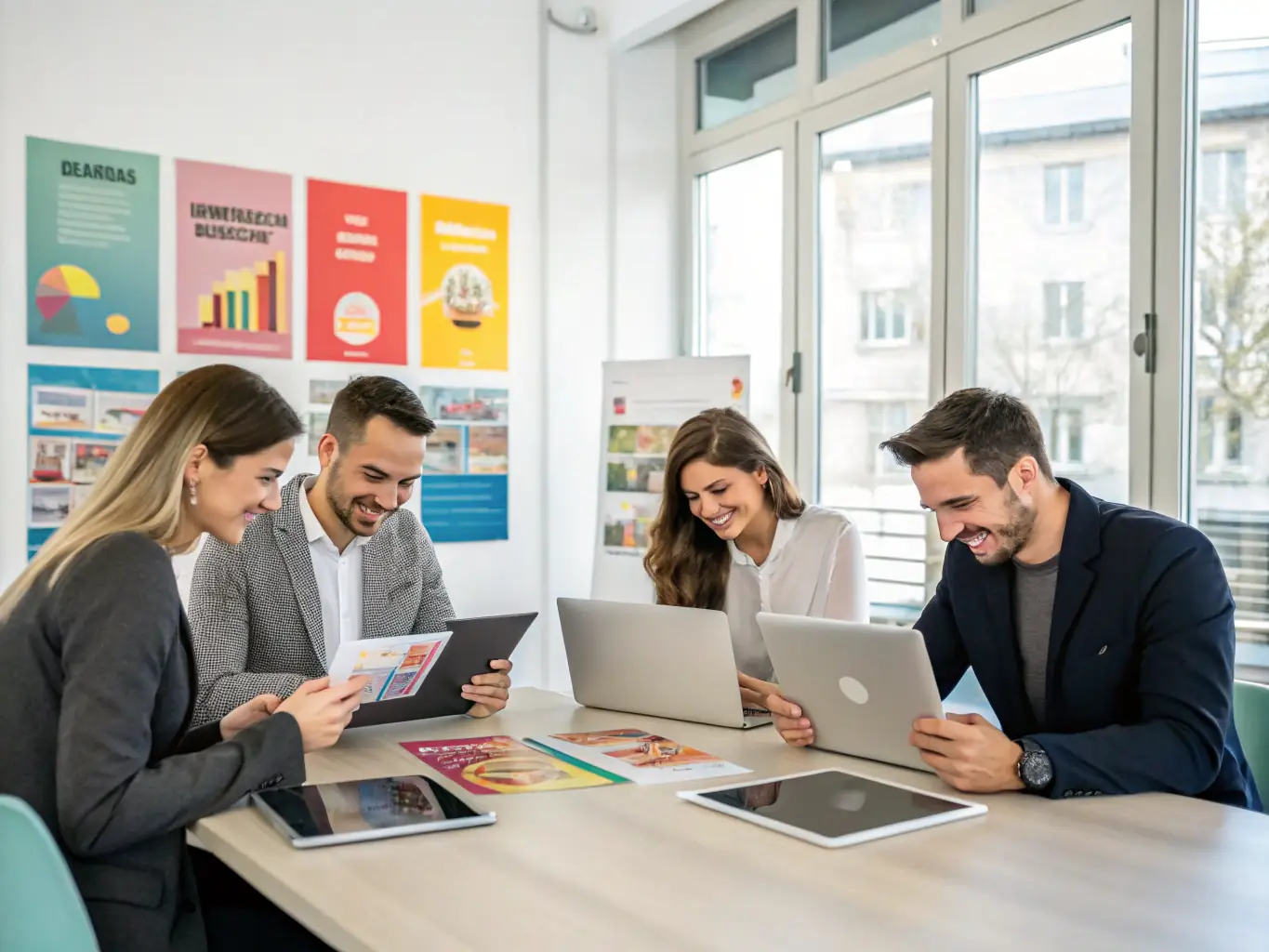 A team of marketing specialists is collaborating on a targeted marketing campaign, illustrating Lead Made Easy's account-based marketing service.