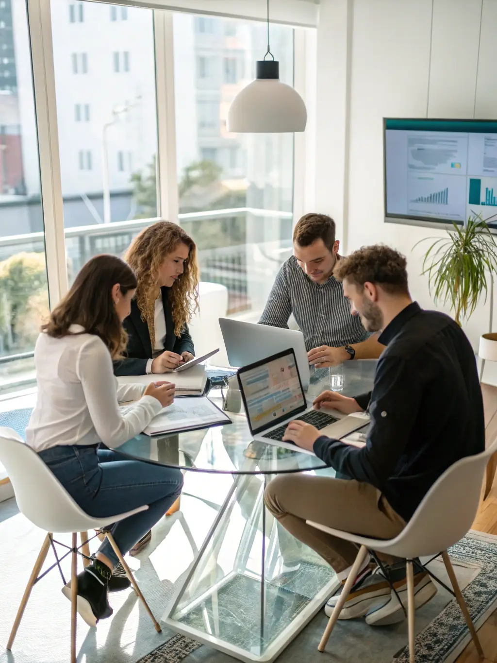 A diverse team of SDRs collaborating in a modern office, analyzing data and strategizing on lead generation techniques.
