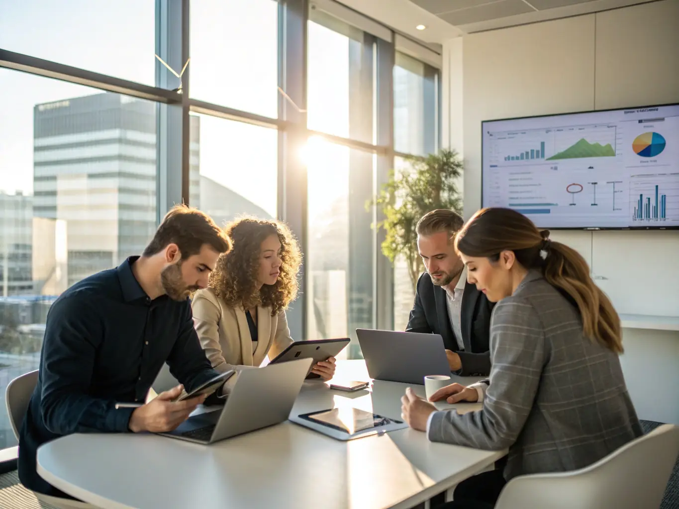 A professional team working collaboratively in a modern office setting, emphasizing the experience and expertise of Lead Made Easy's team members.