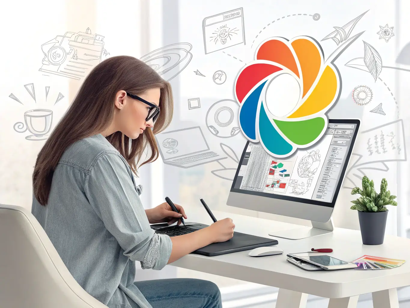 A designer creating a compelling social media ad campaign on a laptop, emphasizing the creative and data-driven aspects of ad creation and management.