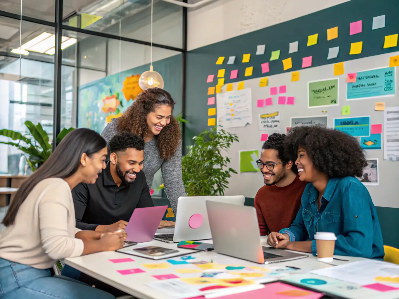 A creative team collaborating on ad designs and strategies, showcasing the process of creating compelling video ads and social media campaigns for LeadMadeEasy.