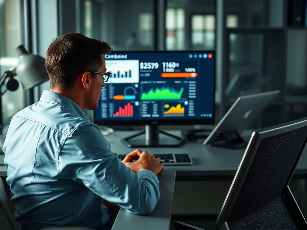 A professional showcasing a successful lead generation strategy on a digital dashboard, highlighting key metrics and conversion rates for LeadMadeEasy.